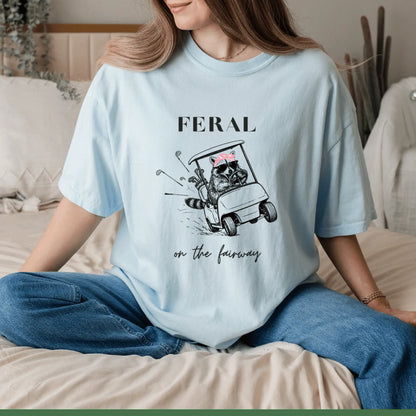 Funny Golf Girl Shirt - Feral Raccoon Driving Golf Cart Graphic Tee - Funny Golf Shirt for Women - Comfort Colors T-Shirt