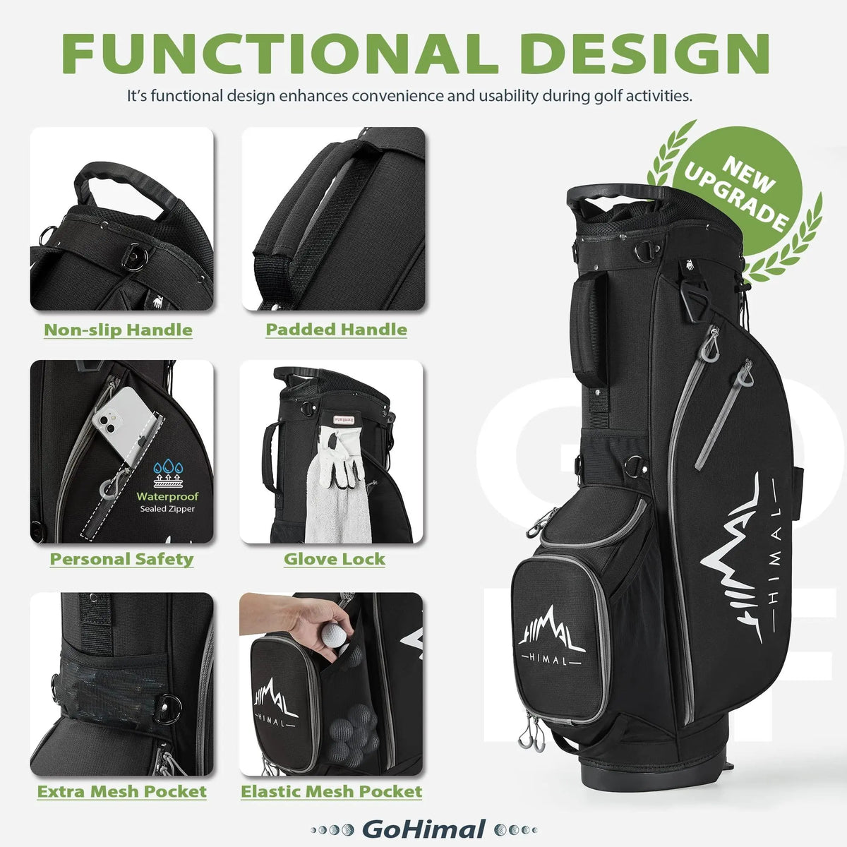 Gohimal 14-Way Stand-Up Portable Lightweight Polyester Golf Club Bag with Stand, Adjustable Straps, Rain-Ready Hood - Durable Functional Golf Equipment for Men & Women